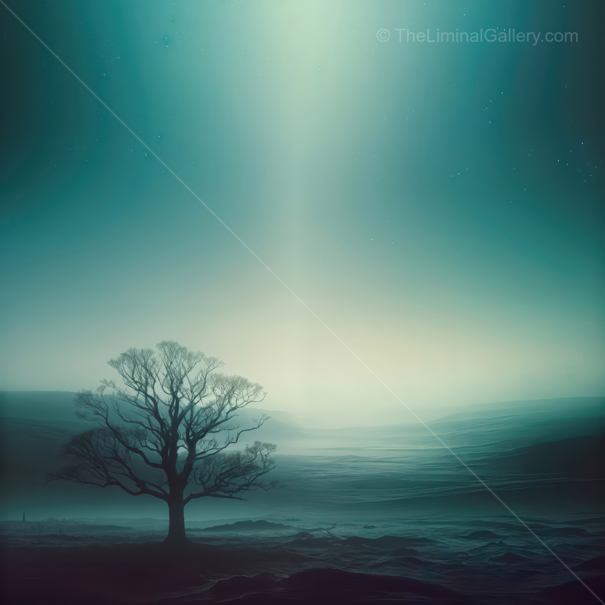 Misty silhouette of a solitary tree in a tranquil liminal landscape at dawn