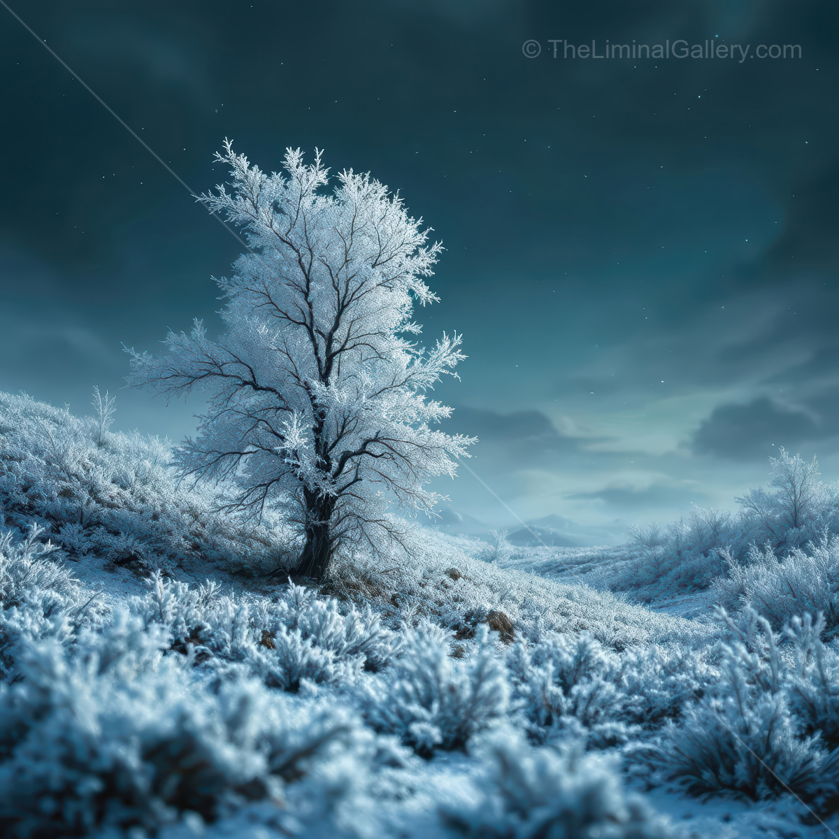 Frozen plain sparkles under starry night, lone frost-laden tree standing in stillness, creating a mesmerizing winter tableau of silence, beauty, and wonder