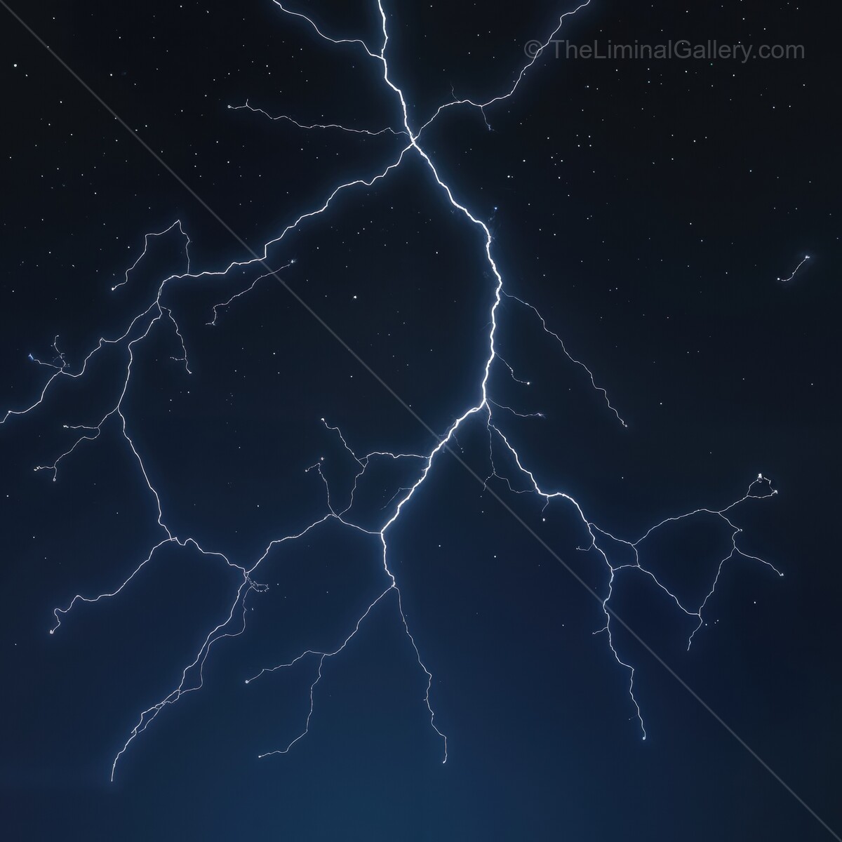 Striking display of lightning illuminates a dark night sky over a tranquil landscape
