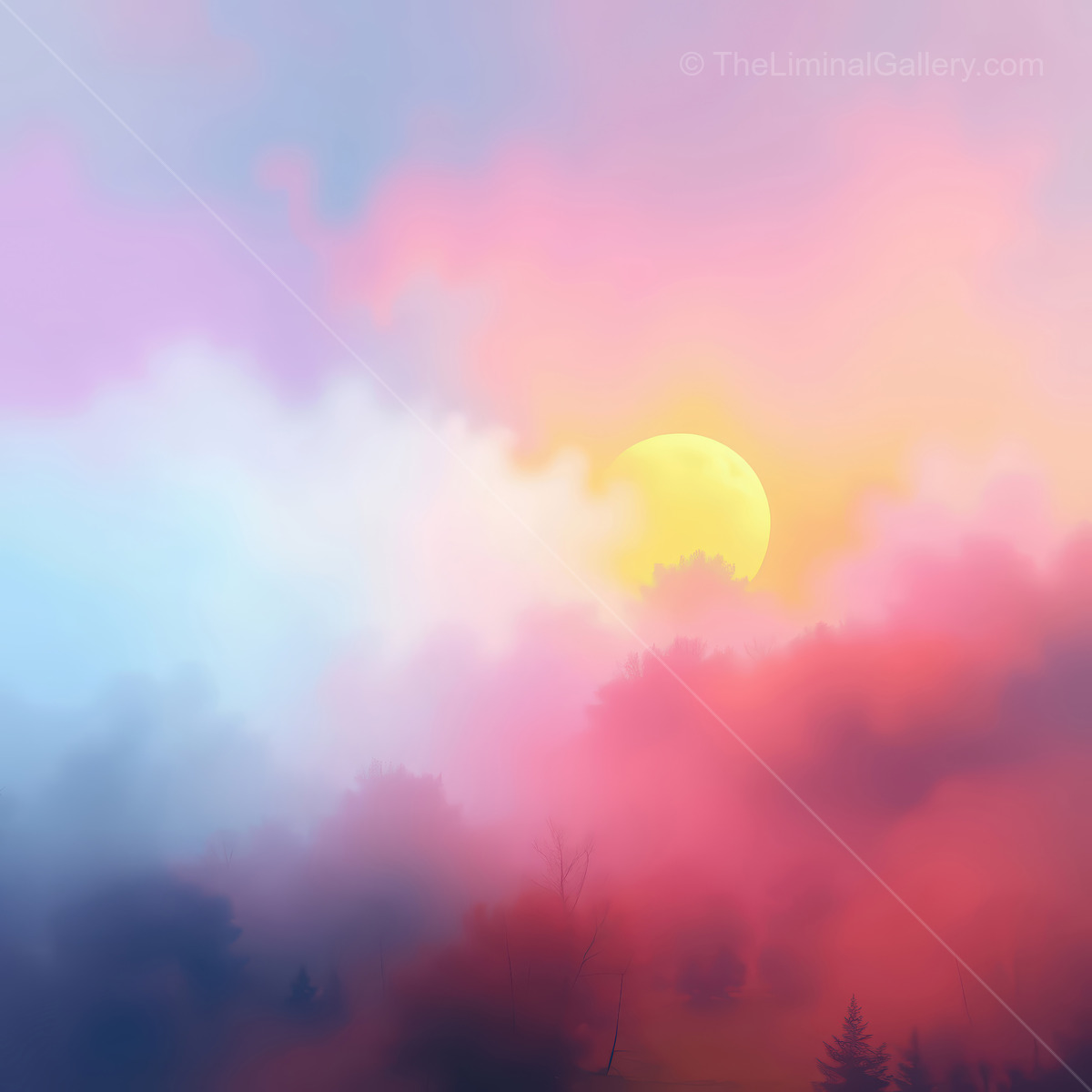 Majestic sunrise casting golden light through a dreamy foggy landscape over a tranquil horizon