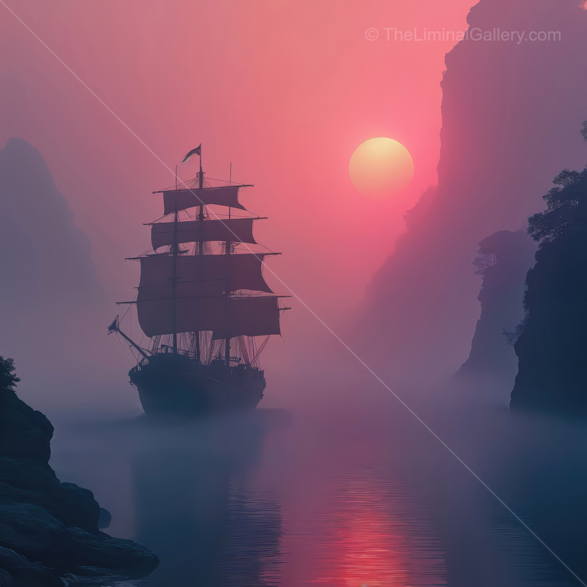 Majestic ship glides through mist-shrouded waters at sunset, distant mountains glowing behind, calm reflections and warm hues creating an enchanting maritime panorama