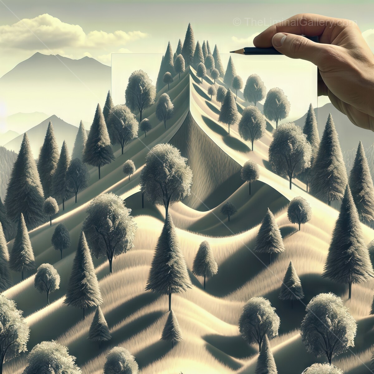 Surreal landscape art depicting a hand creating a dreamlike mountain scene with tall trees and gentle slopes
