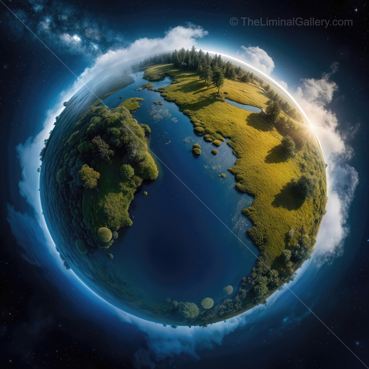 A tranquil planet featuring lush greenery, calm waters, and a bright sun shining in the distant cosmos