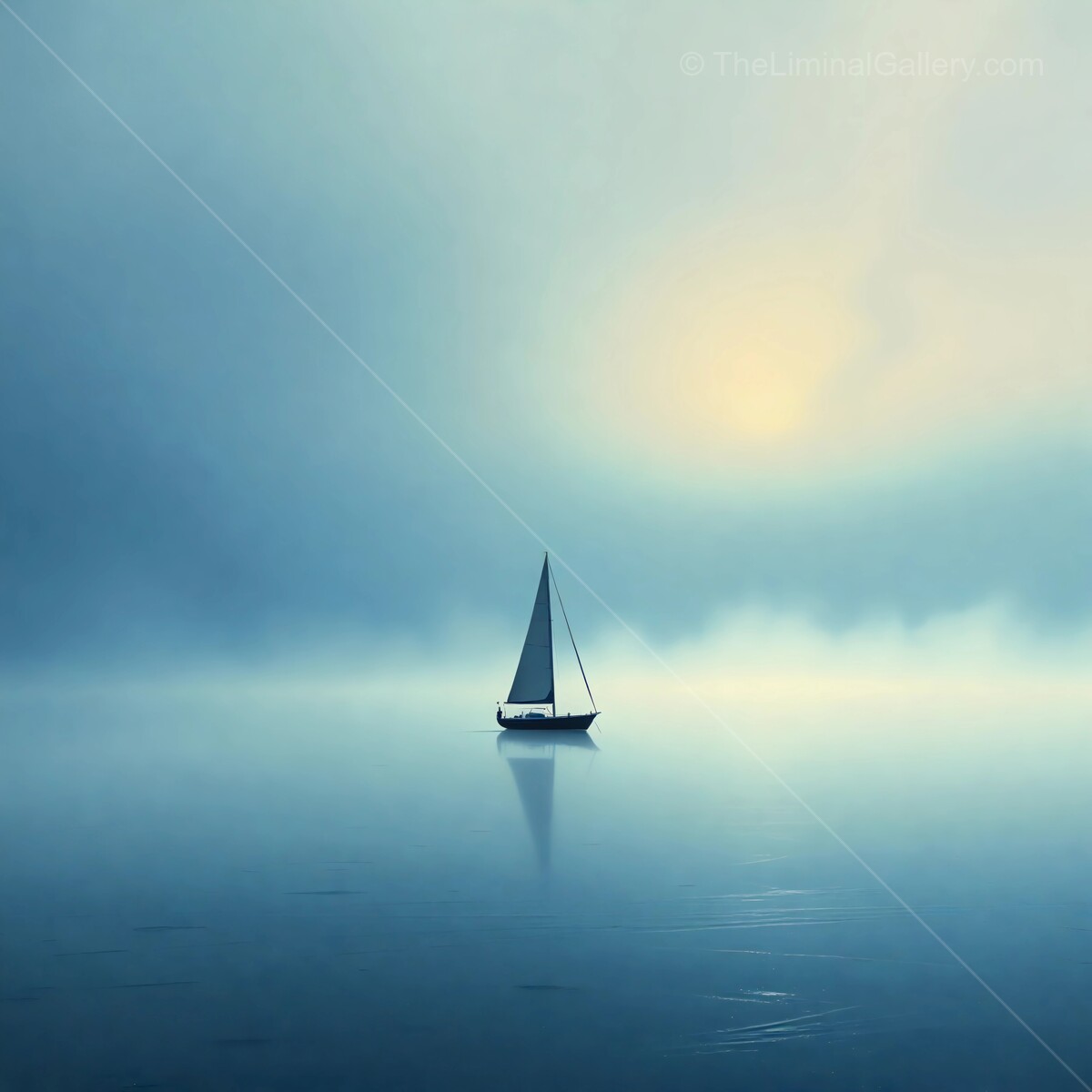 Tranquil liminal sailboat gliding through a misty, serene waterway at dawn