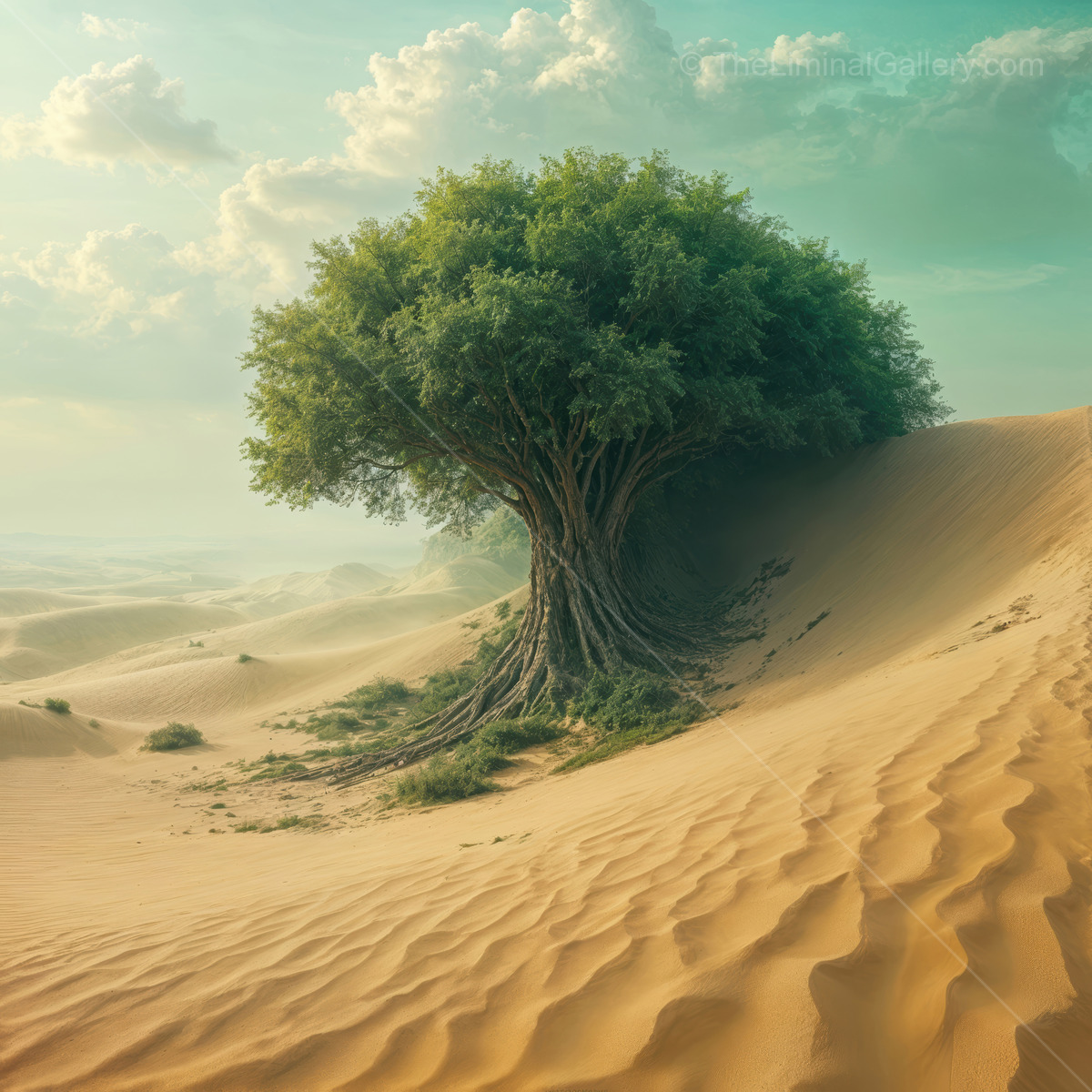 Embracing the liminal nature of a solitary tree amid endless golden sands