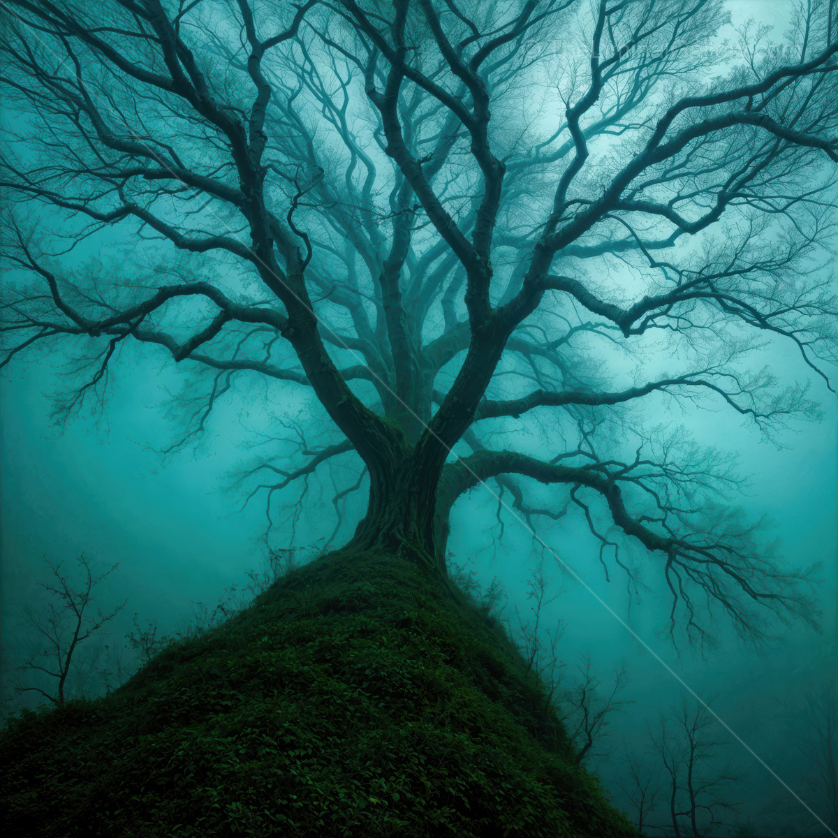 Mysterious tree stands in foggy ethereal forest, embodying the liminal essence of nature's haunting beauty