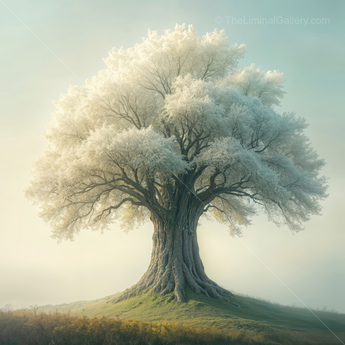 Majestic tree standing alone in a tranquil meadow enveloped by ethereal fog and soft light at dawn
