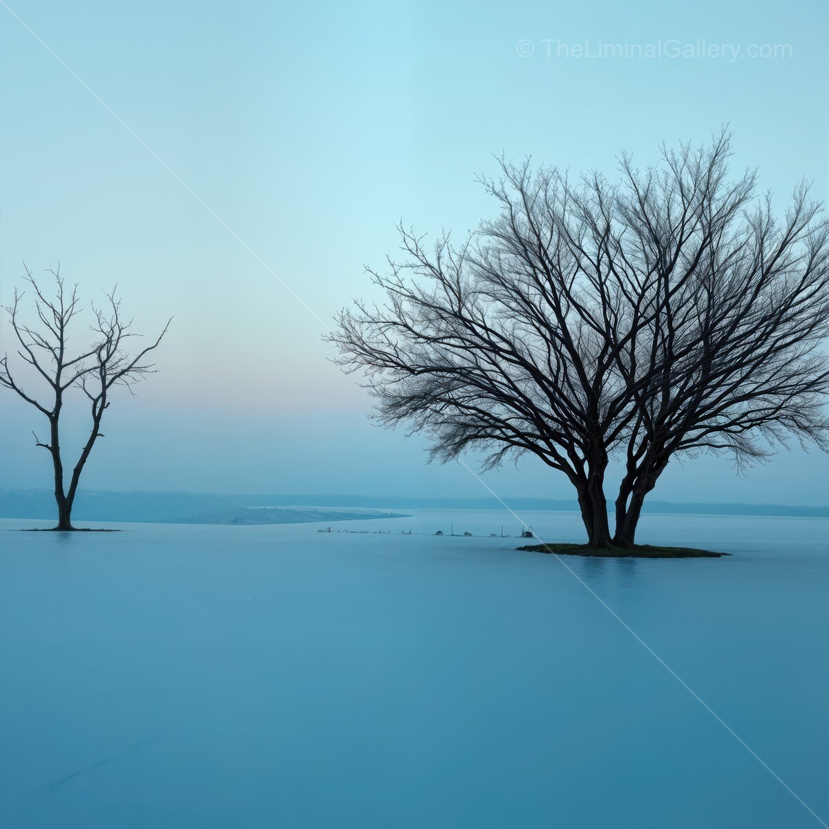 Tree silhouettes against a serene winter landscape at twilight