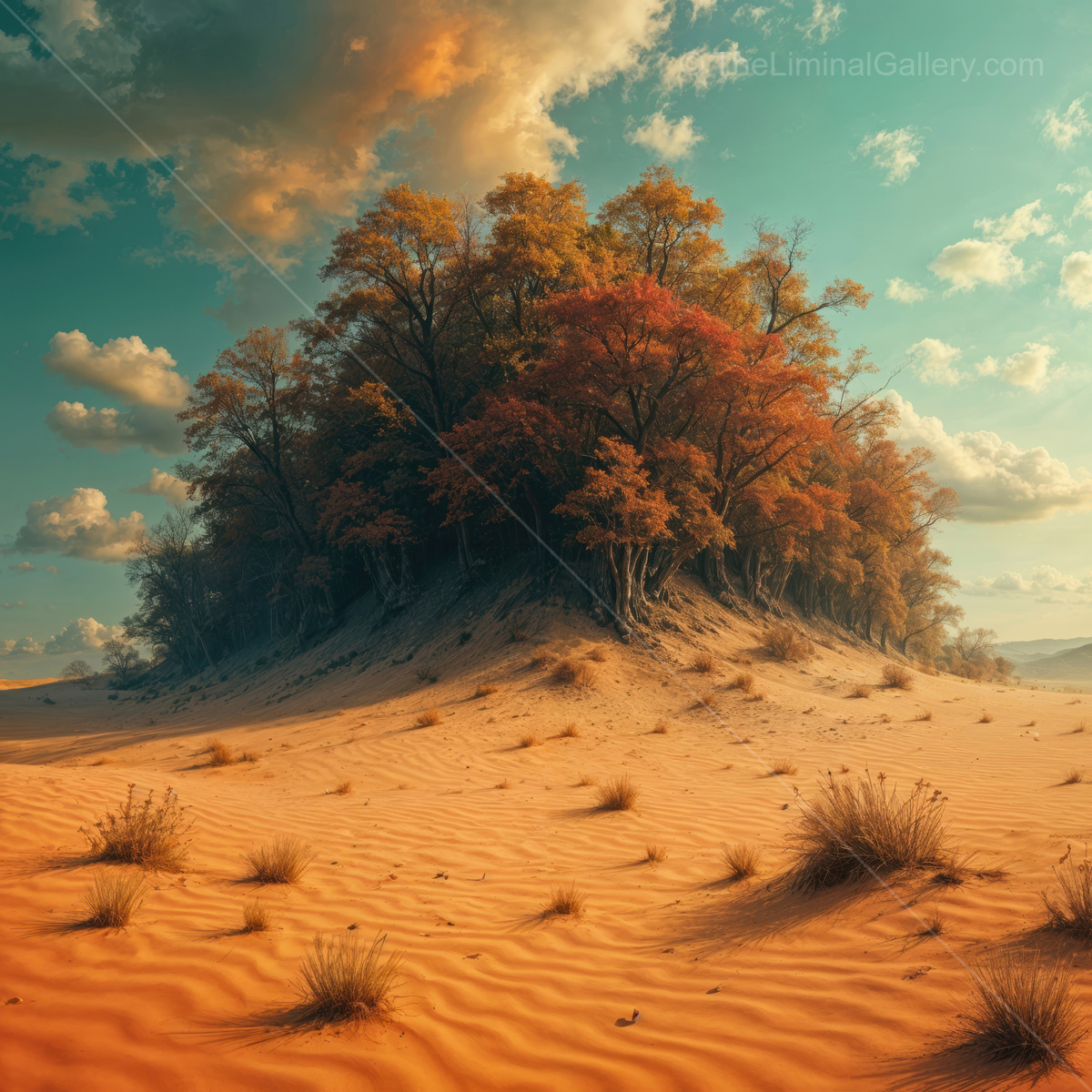 Exploring the surreal harmony of trees and sand under a vast, colorful sky at dusk