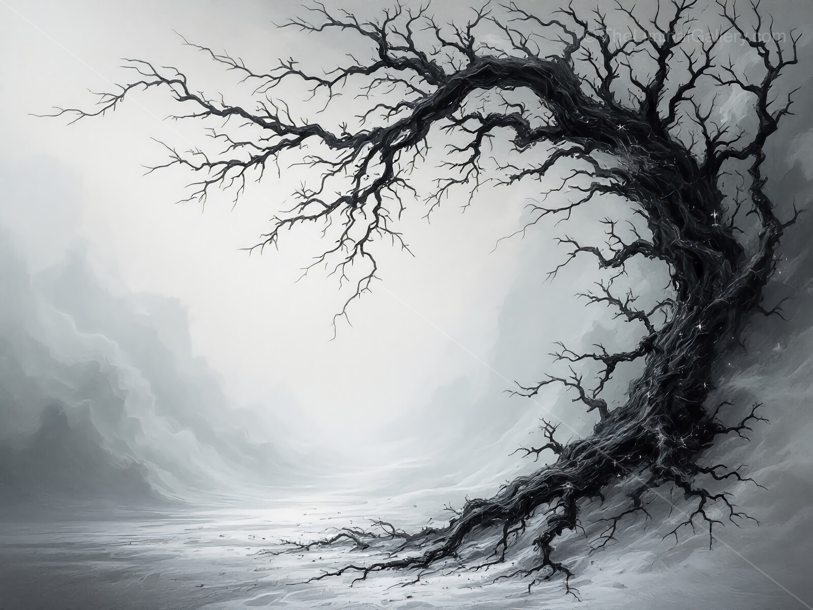 Mysterious twisted tree stands against a foggy background in a surreal landscape at dawn