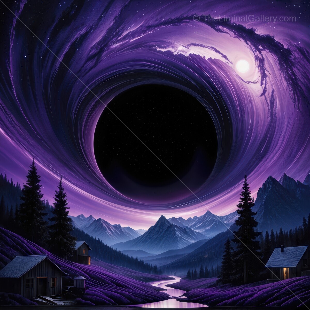 Starlit village nestled near a swirling void under a purple sky at night