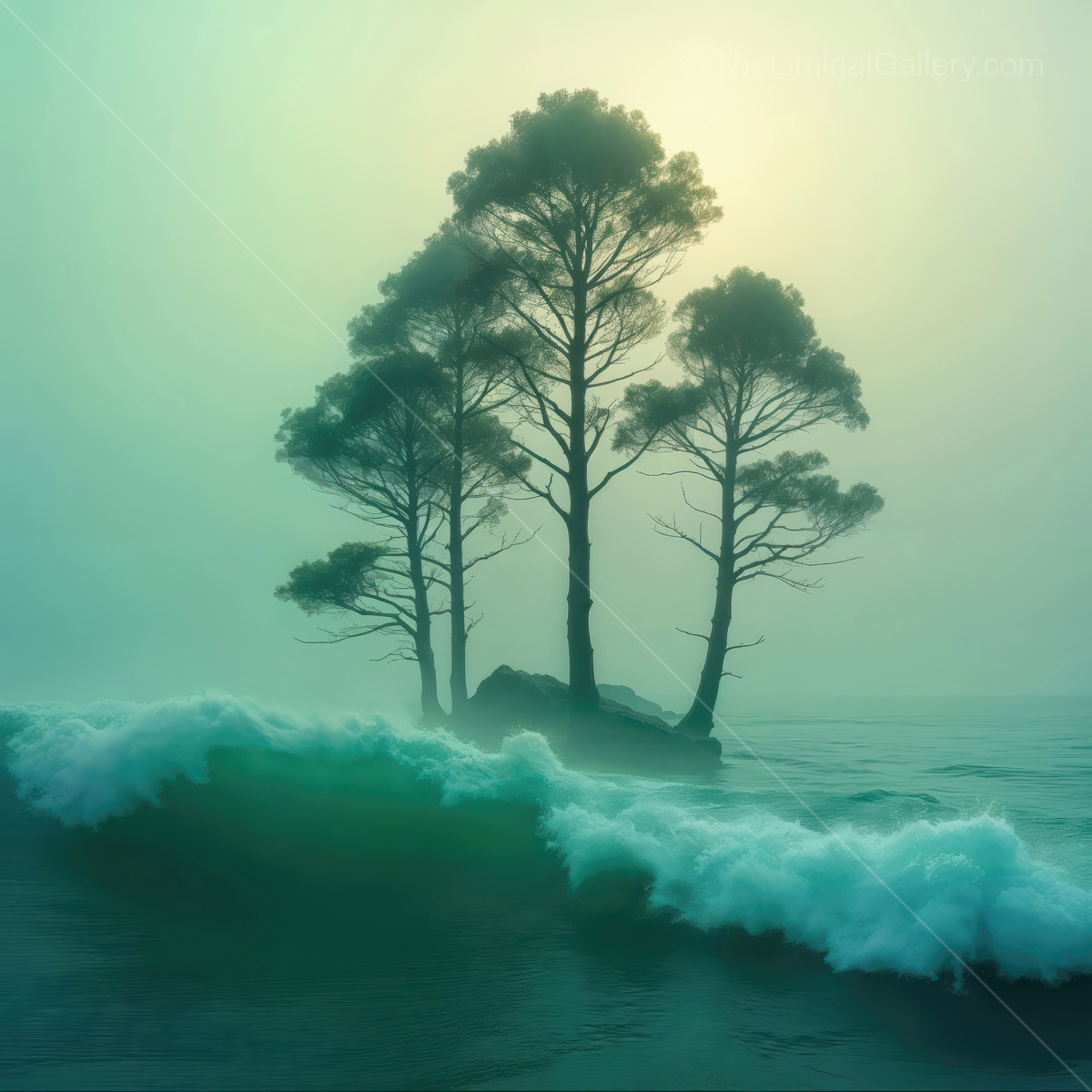 Ethereal waves curl around three solitary trees under a misty, luminous sky