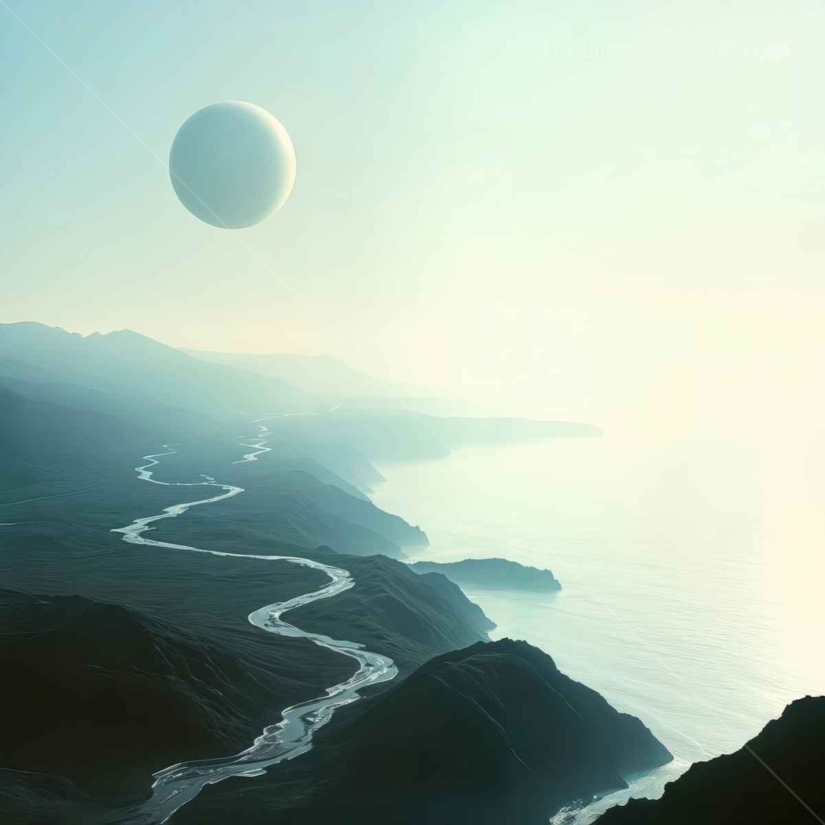 Serene landscapes where winding rivers meet tranquil shores under an ethereal sky