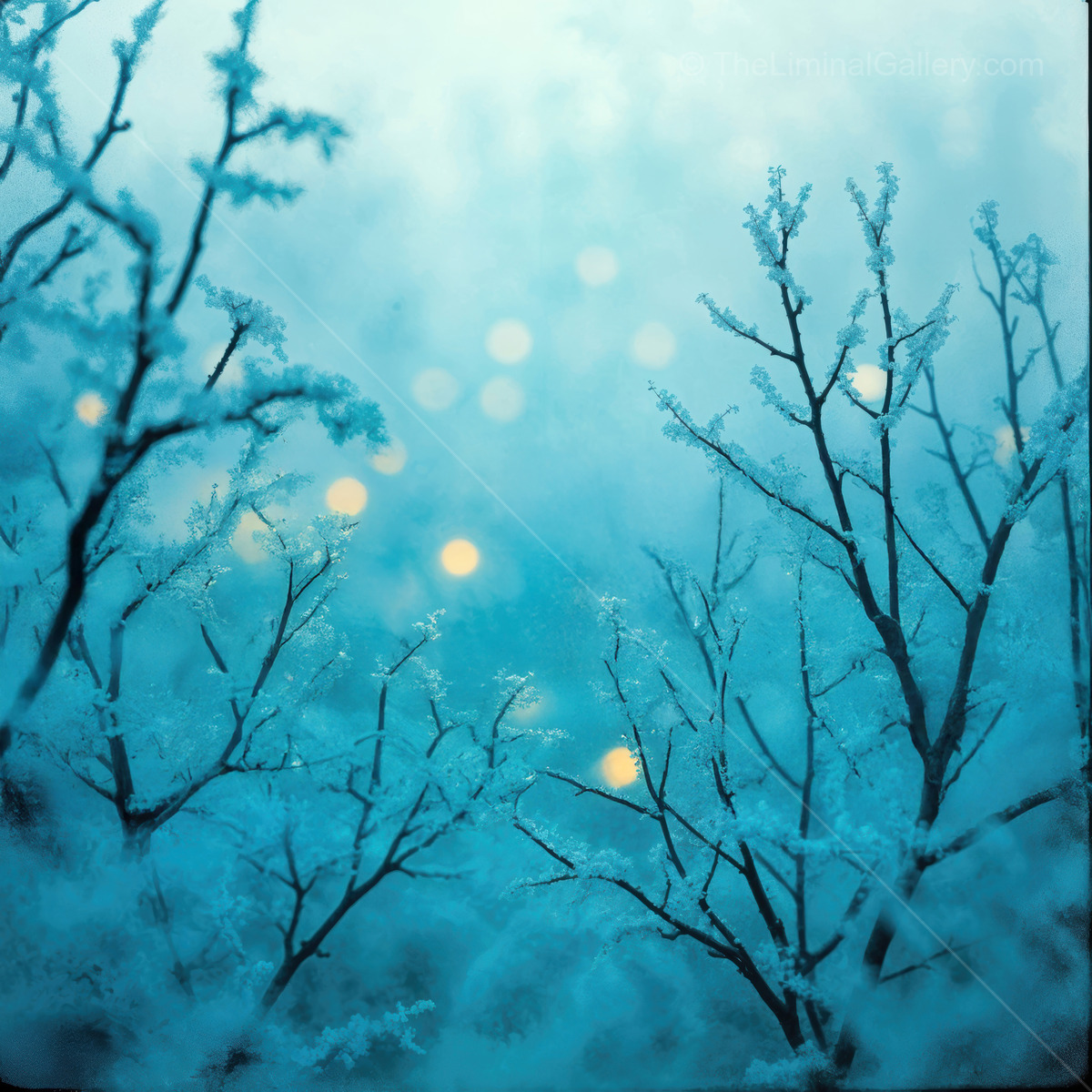 Mysterious winter twilight envelops branches adorned with frost and soft glowing lights