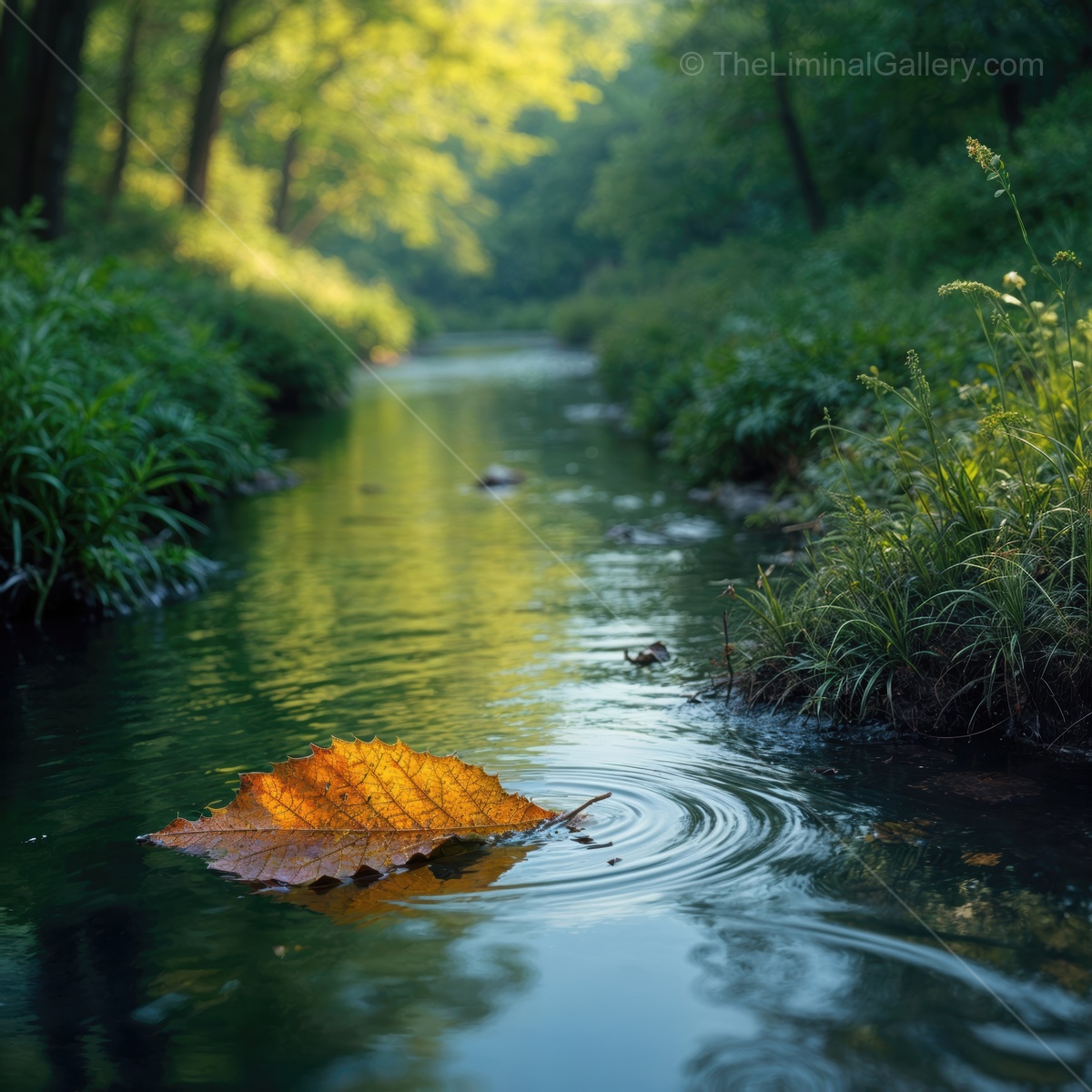 Serene woodland stream reflecting vibrant autumn hues under gentle morning light