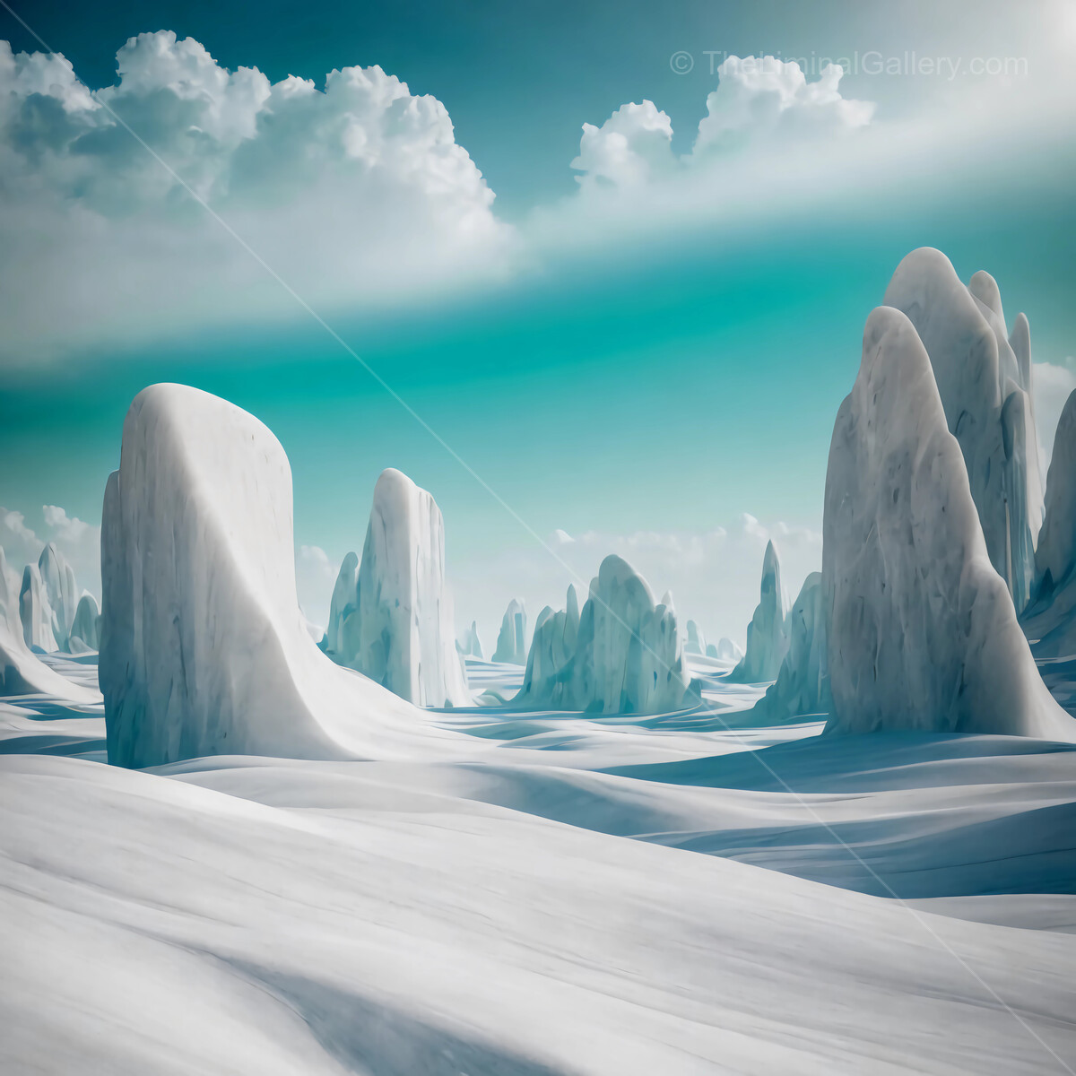 Exploring a surreal frozen landscape under a vibrant turquoise sky filled with billowing clouds