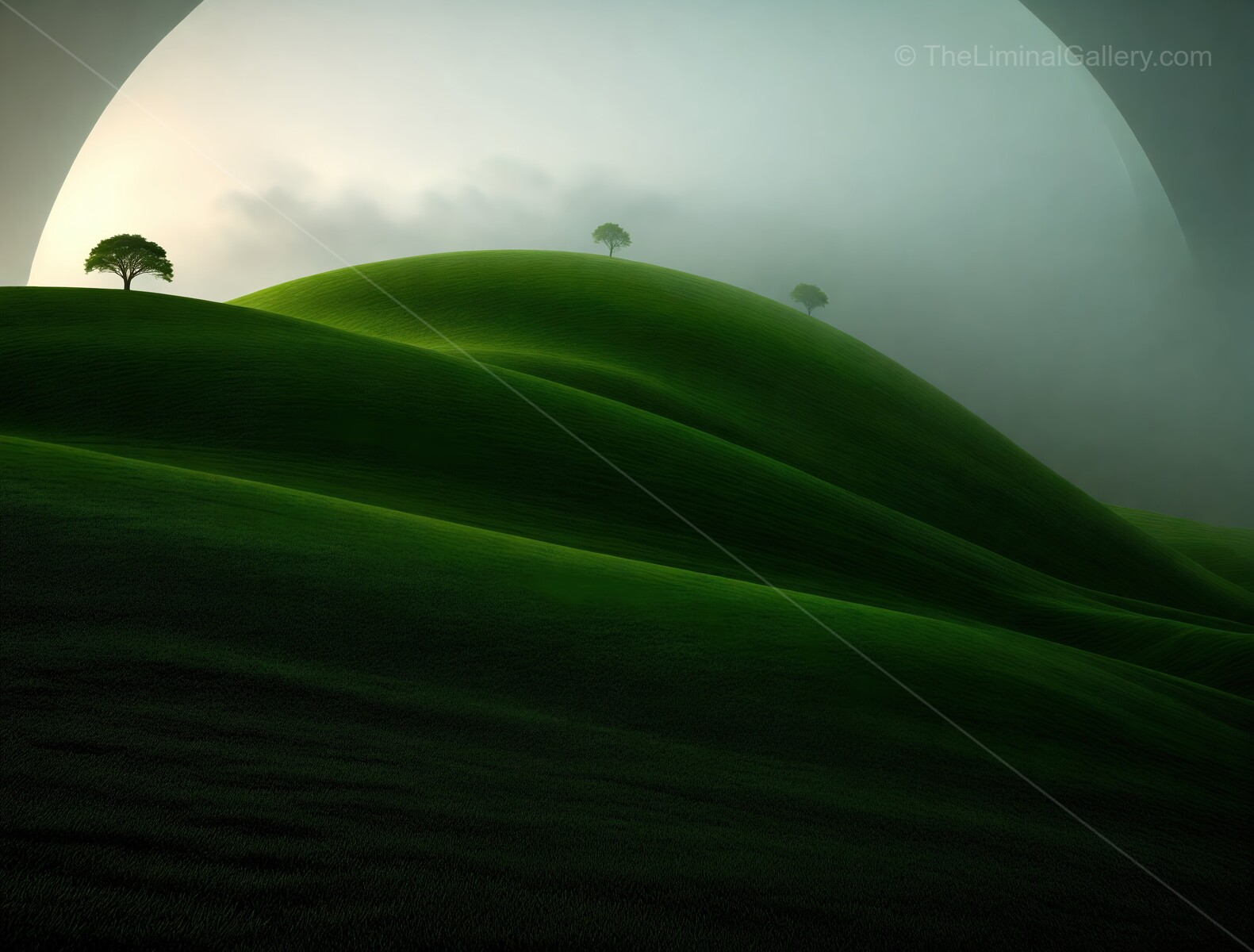 Mysterious liminal landscape with rolling hills and solitary trees under a glowing celestial body at dawn