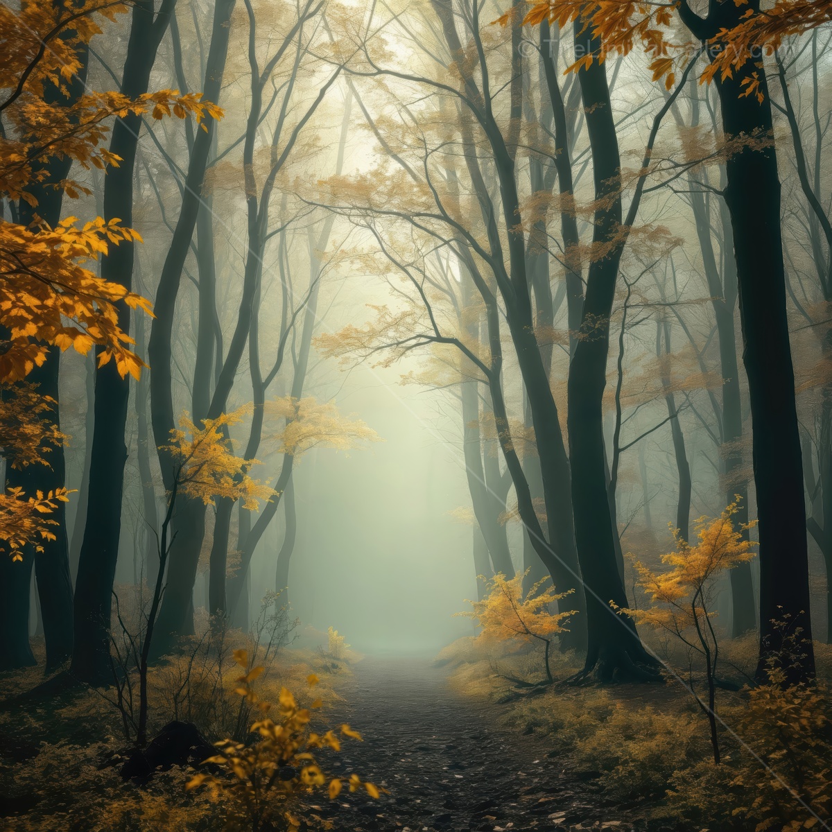 Misty forest pathway unfolds in a tranquil autumn scene filled with golden leaves and soft light
