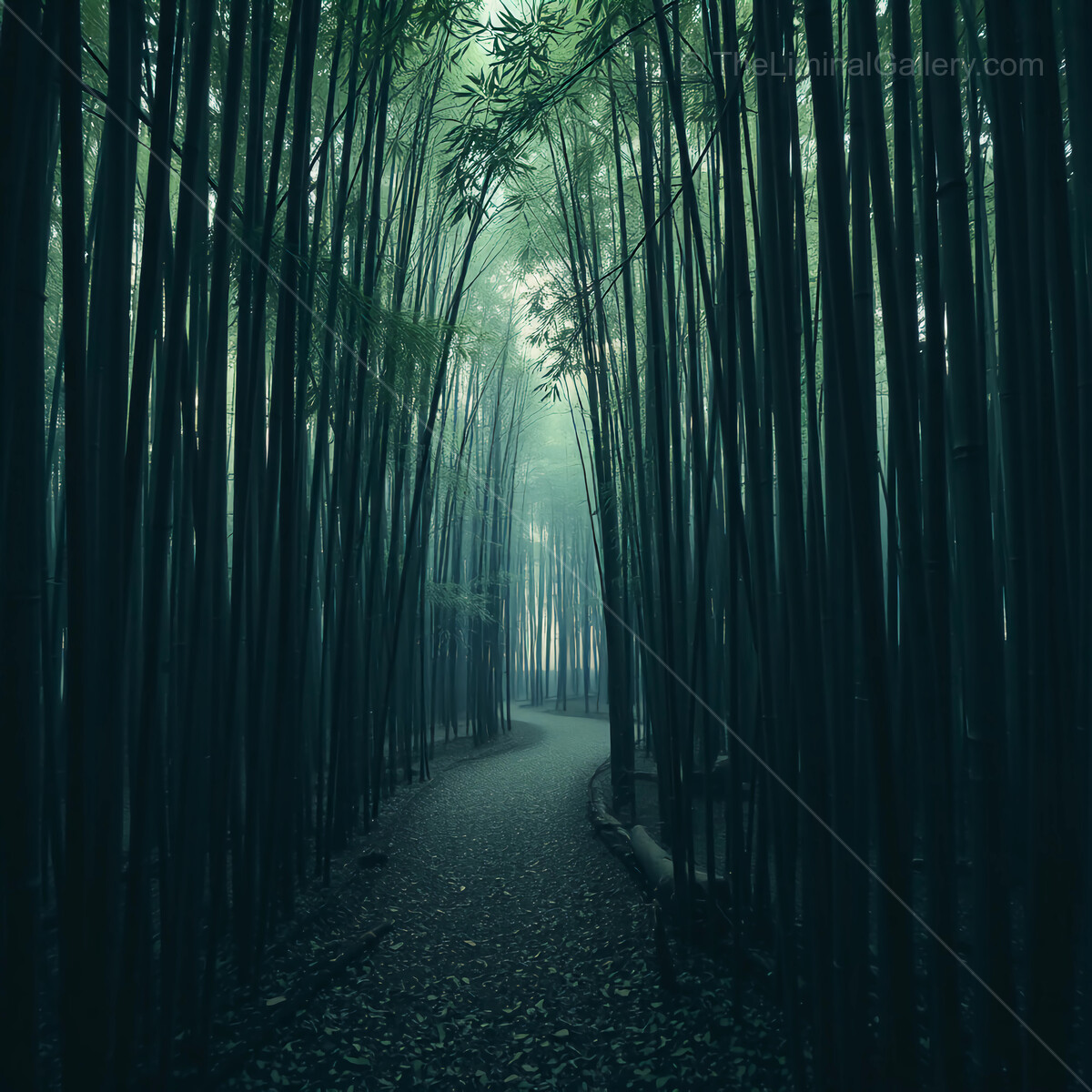 Enchanting liminal bamboo path winding through misty forest at twilight for a serene escape