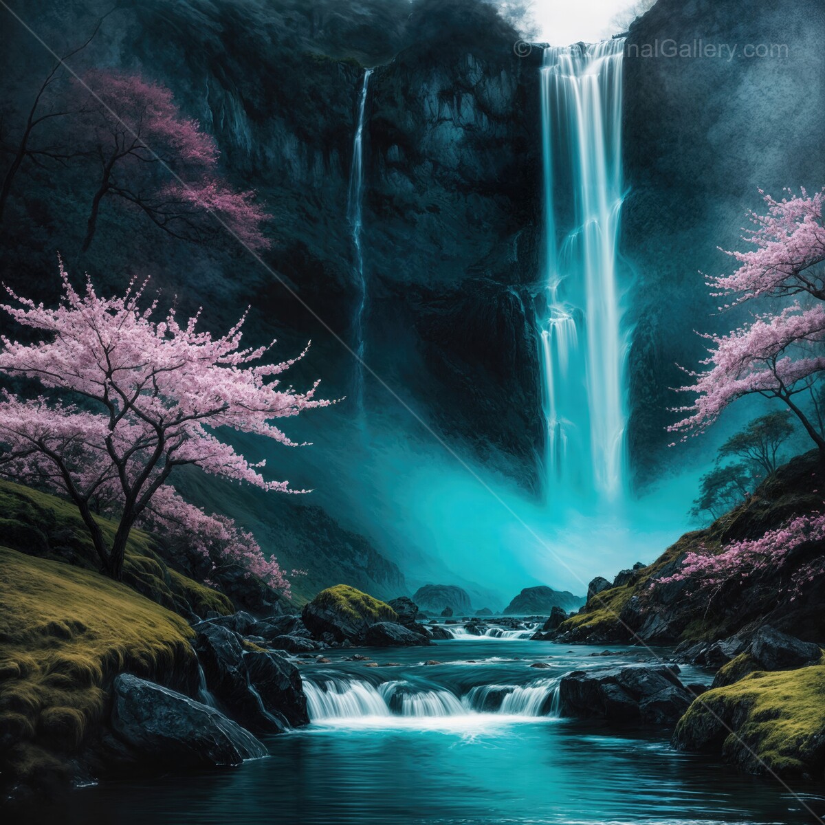 Majestic waterfall cascading amidst blooming cherry blossoms at dawn