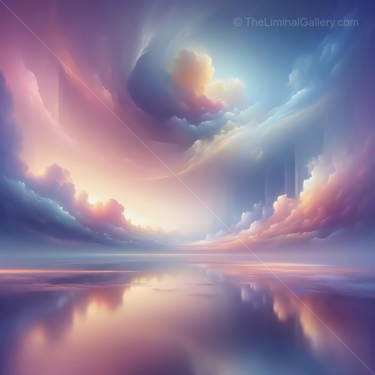 Breathtaking sunset over tranquil waters with swirling clouds and colorful reflections