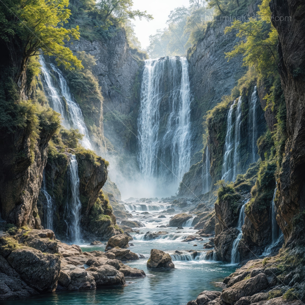 Majestic waterfalls cascading through a serene canyon at dawn with mist enveloping the surroundings