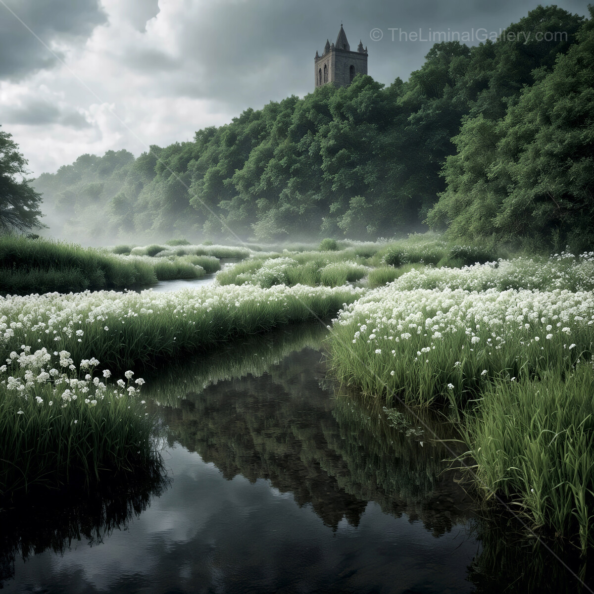 Misty morning unfolds in a serene liminal landscape with a distant tower amidst lush greenery and reflective waters