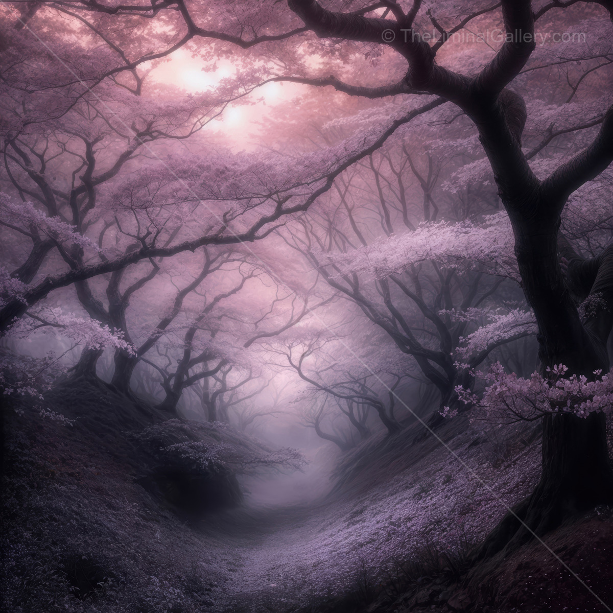 Whispers of twilight in an enchanted grove with blooming cherry blossoms