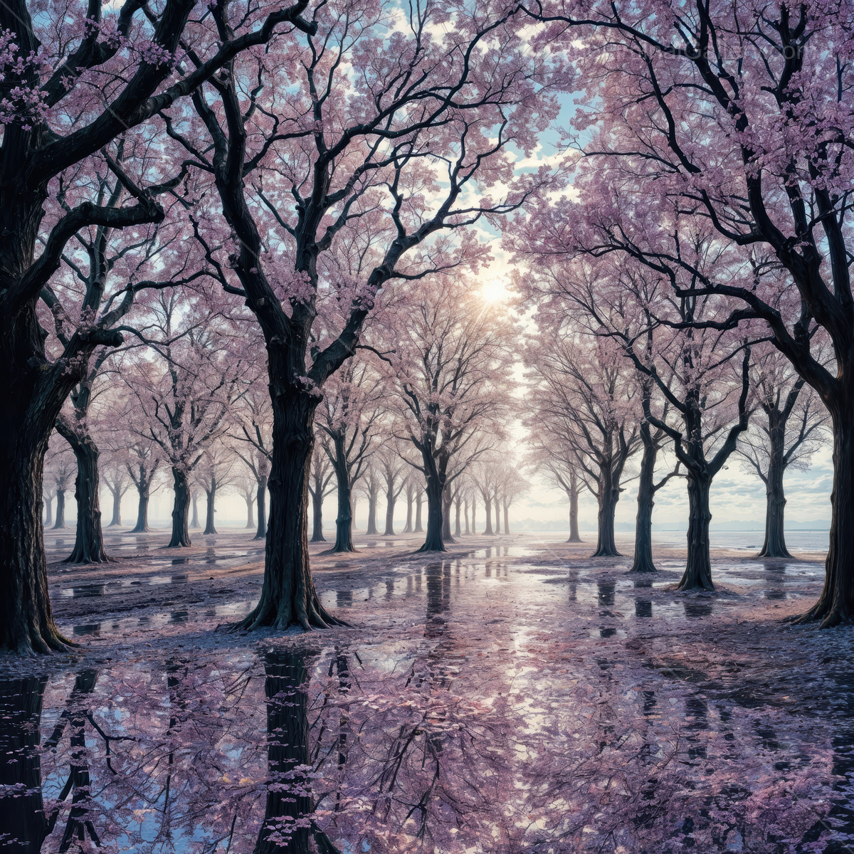 Liminal twilight in a dreamlike grove of cherry blossoms reflecting serene waters