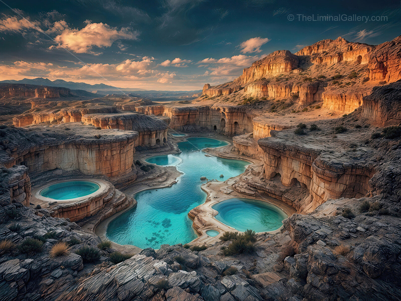 Breathtaking liminal landscape framed by rugged cliffs and tranquil waters during golden hour