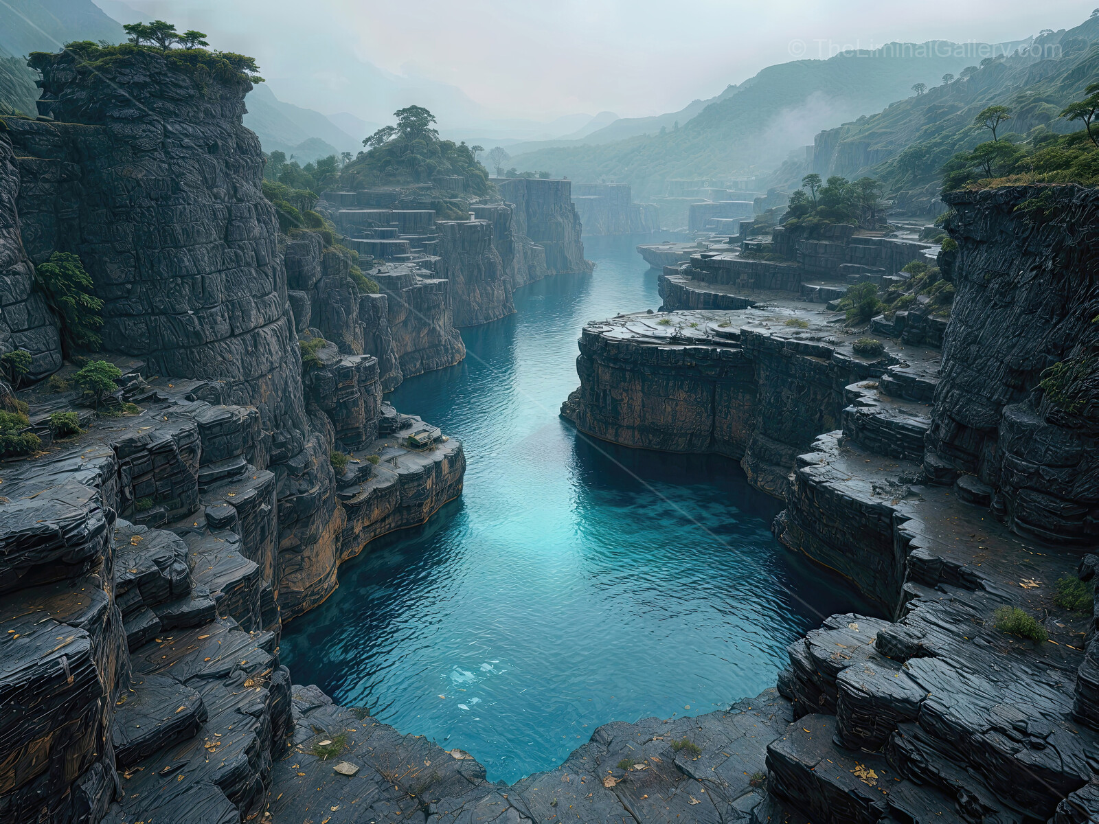 Enchanting liminal landscape surrounded by majestic cliffs and tranquil waters in early morning mist