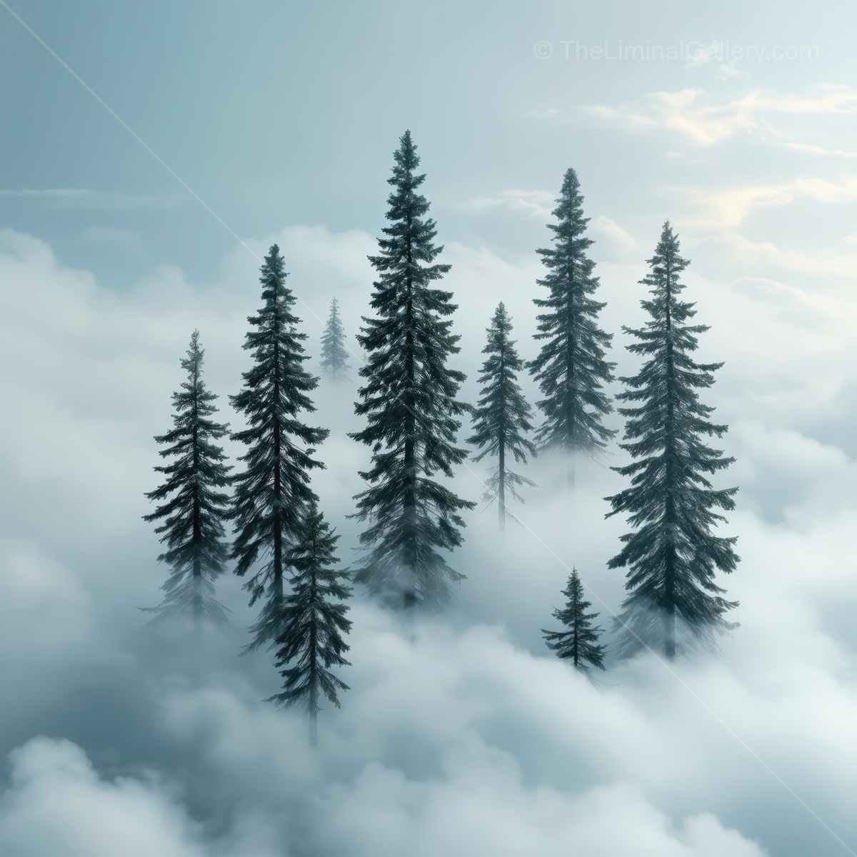 Ethereal forest of towering pines emerges from the clouds at dawn in a dreamlike liminal space