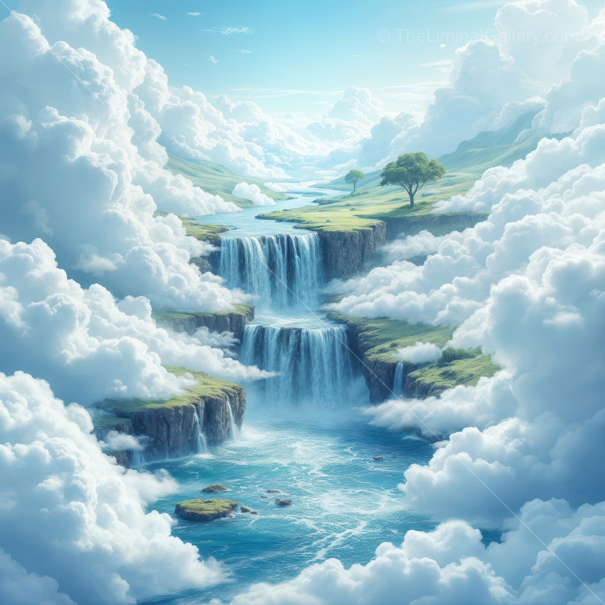 Dreamlike waterfalls cascade through fluffy clouds and peaceful valleys under a bright blue sky