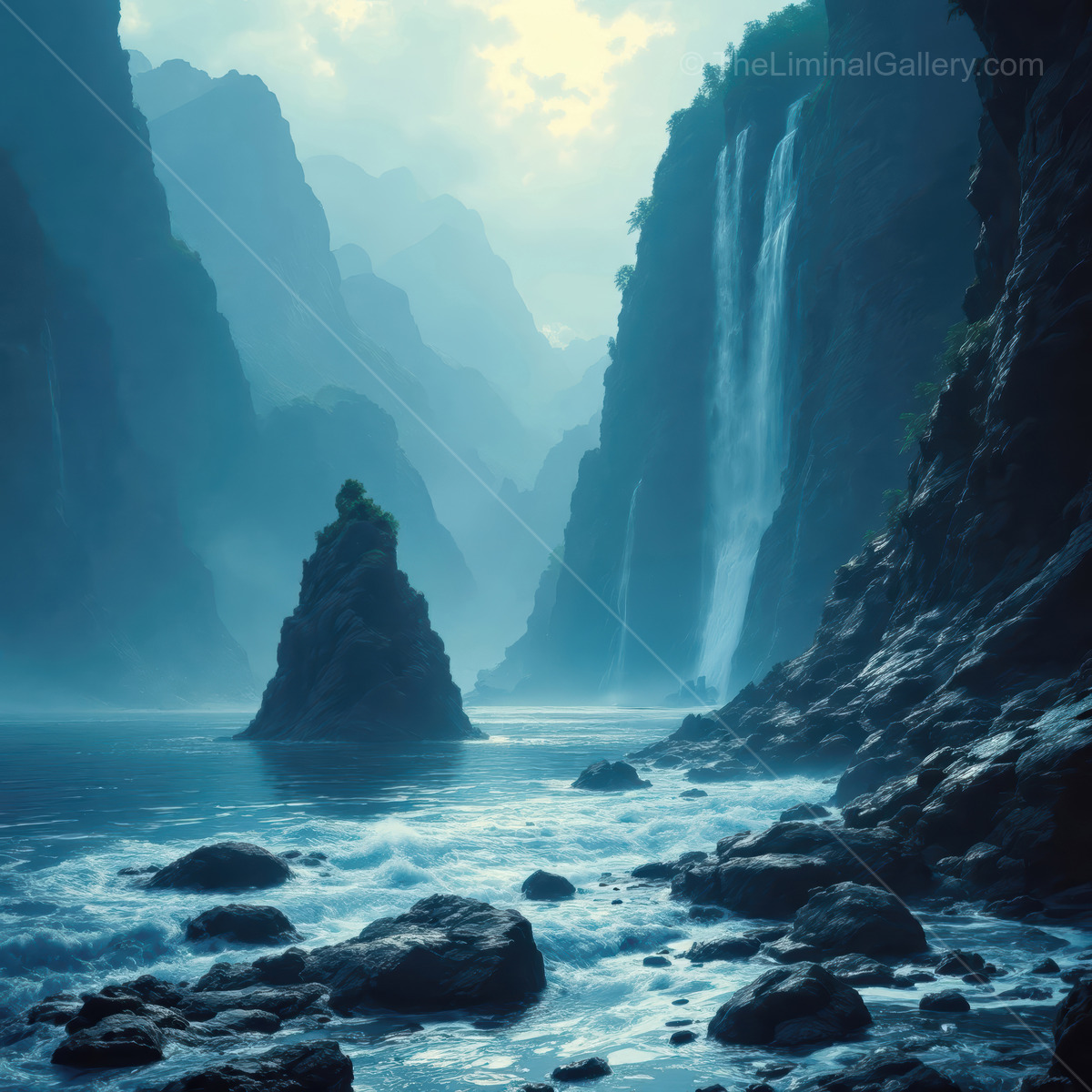 Mysterious coastal cliffs shrouded in mist at dawn reveal hidden beauty and serenity