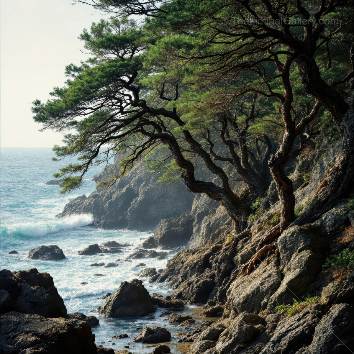 Mysterious coastal cliffs create a haunting liminal atmosphere at dawn with misty waves crashing softly