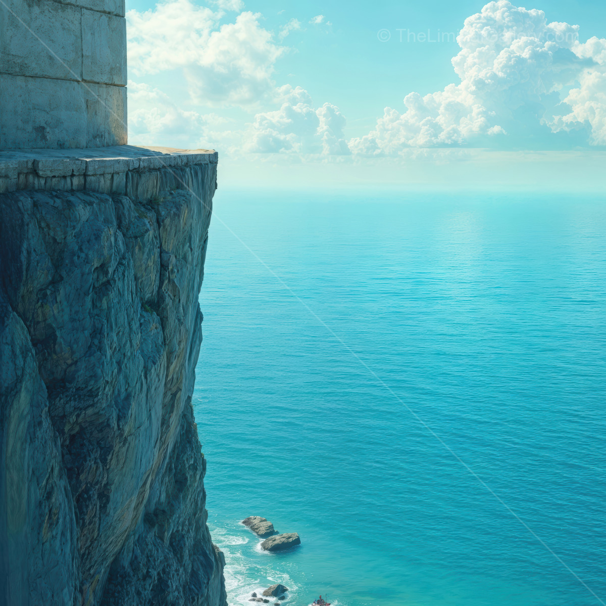 Endless blue horizons meet rugged cliffs under a tranquil sky at dawn near the coast