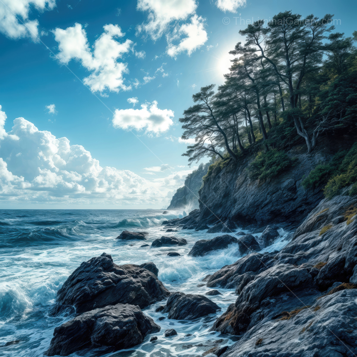 Coastal encounter with waves crashing against rocky cliffs under a bright blue sky