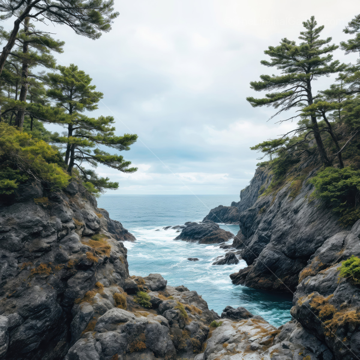 Discovering the hidden beauty of a rocky coastal inlet surrounded by towering pine trees and rolling waves