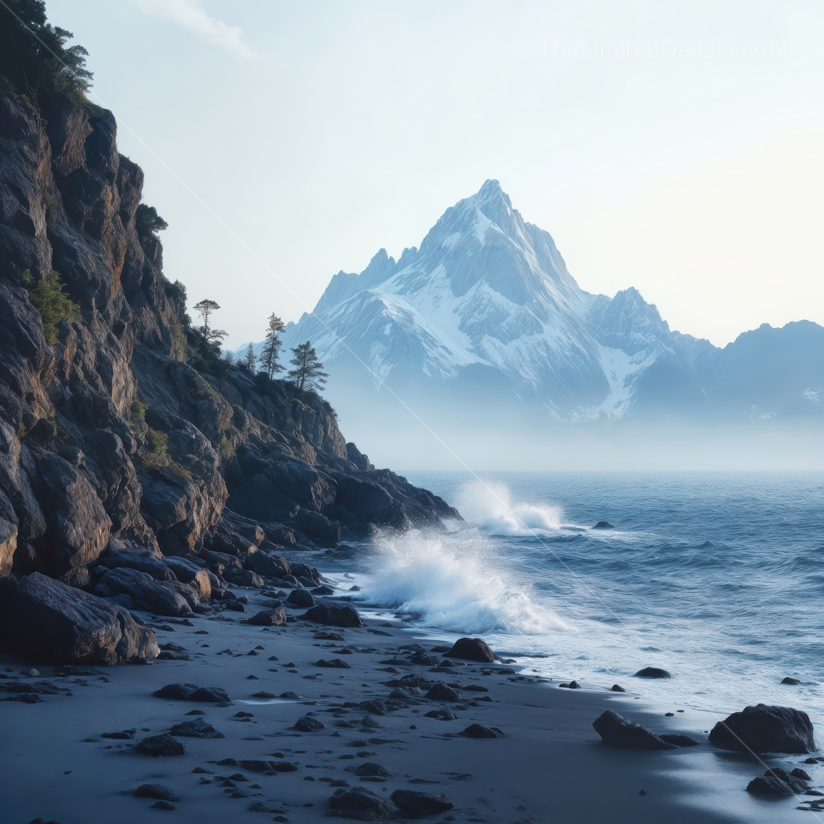 Mysterious coastline at dawn reveals a tranquil union of mountains and sea