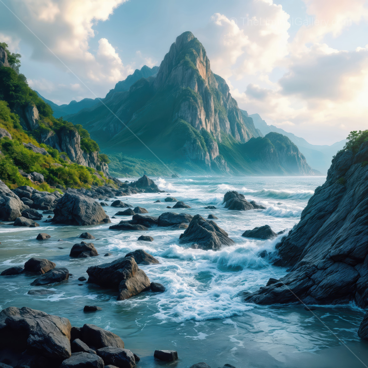 Mountains tower over a tranquil coastline where waves caress rocky shores under a dreamy sky