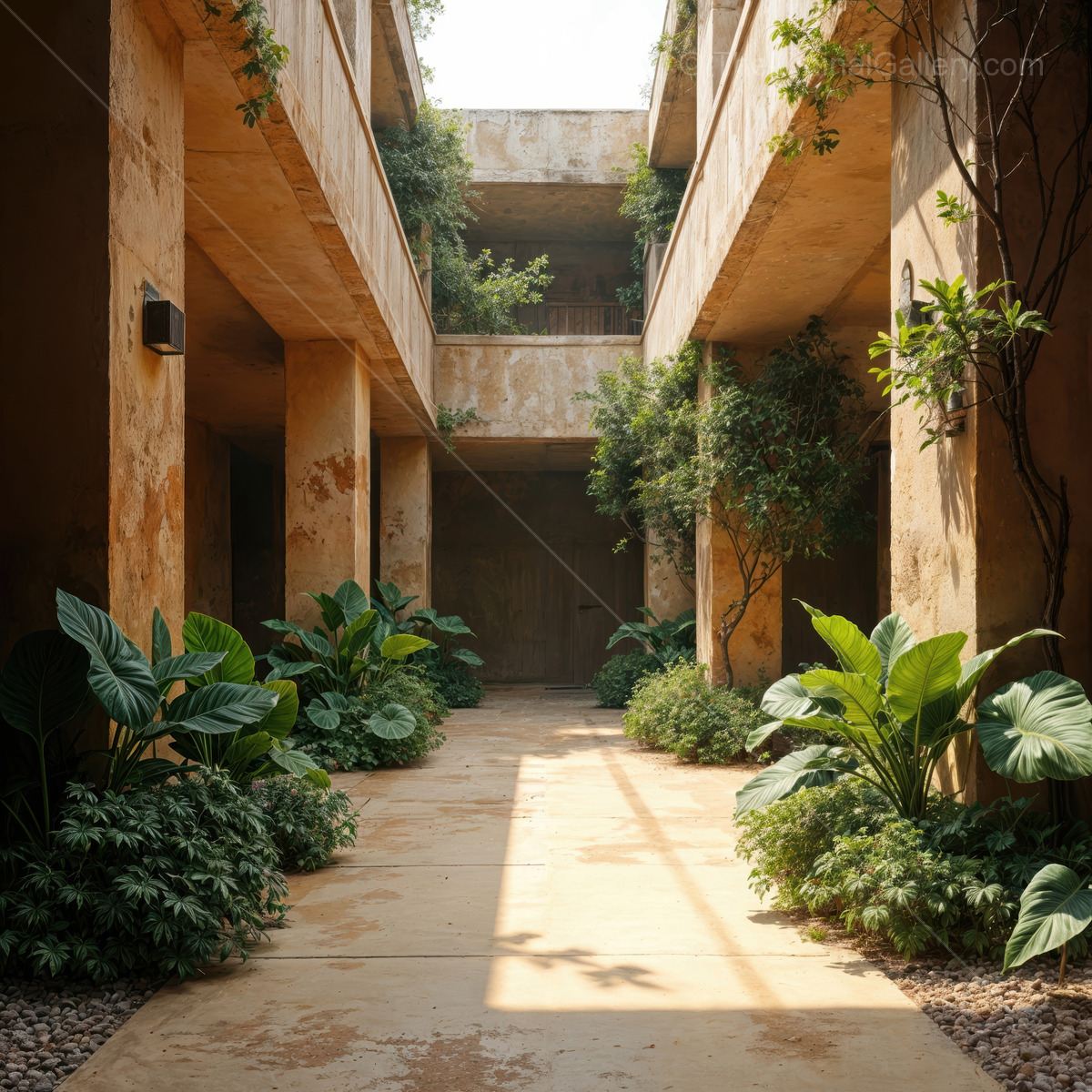 A liminal courtyard garden interlaces sculpted stone and lush greenery, gentle daylight crafting an oasis that invites slow wandering and quiet contemplation