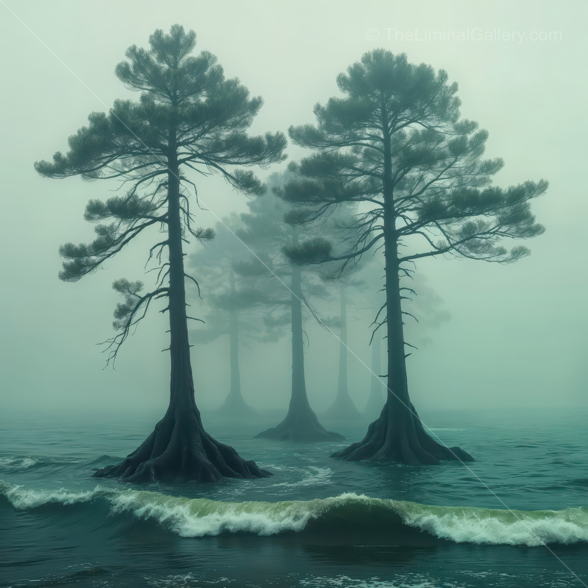 Ethereal cypress trees rising from murky waters under a shroud of dense fog at twilight