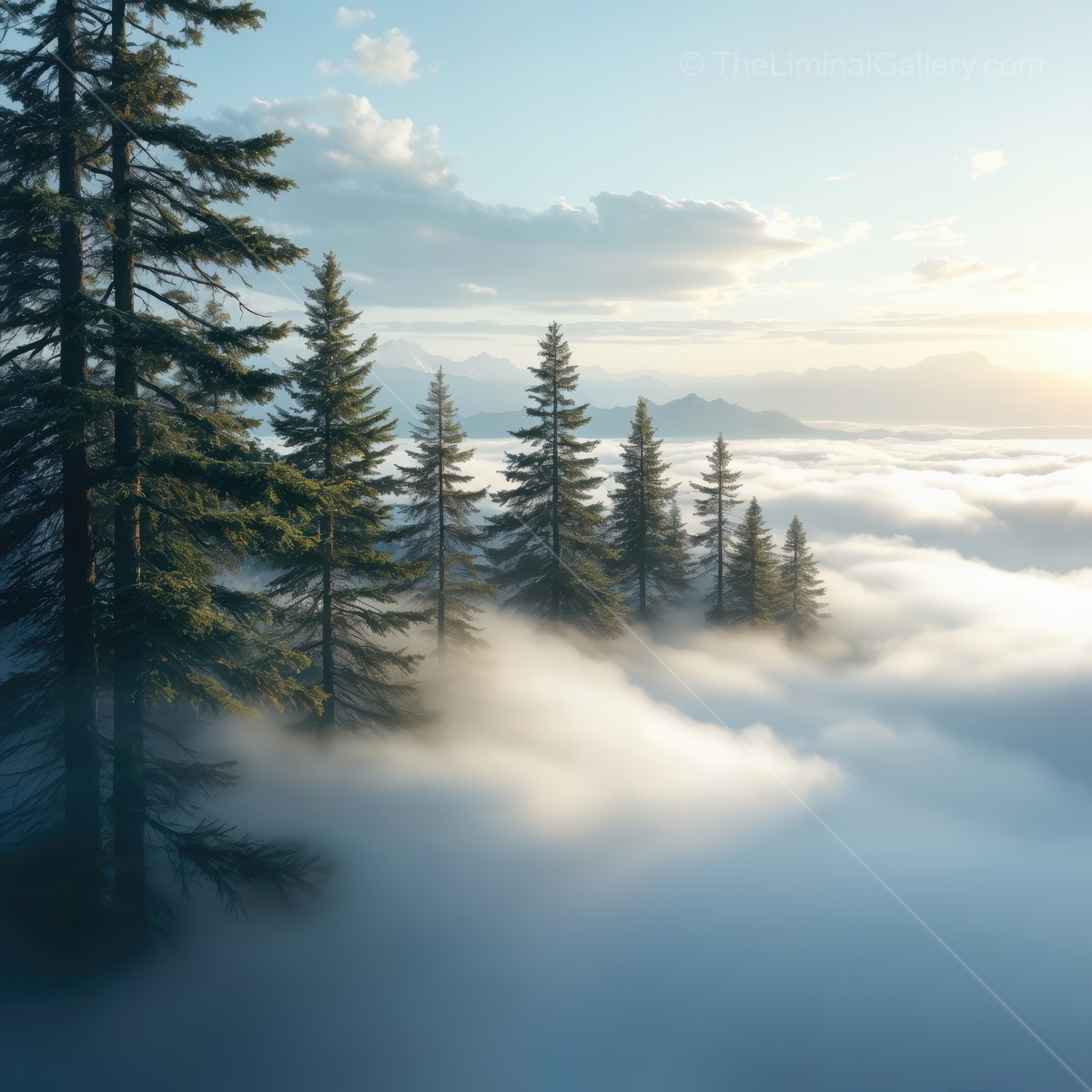 Misty dawn reveals tranquil pine trees rising above the clouds in a breathtaking liminal landscape