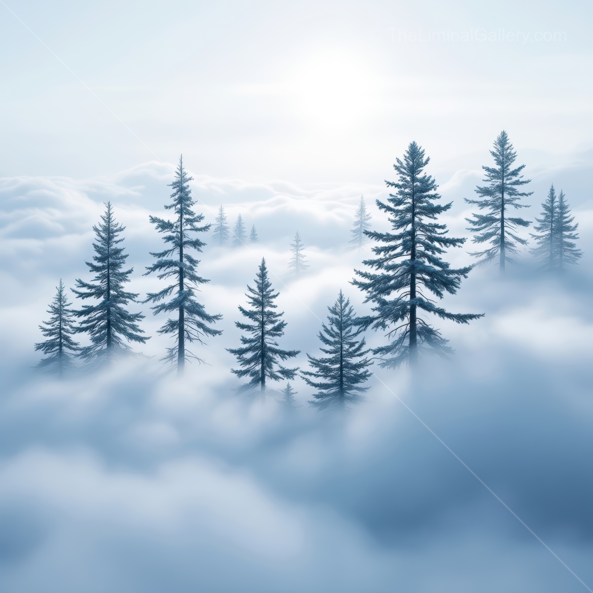 Ethereal fog enveloping towering pines in a serene liminal landscape at dawn