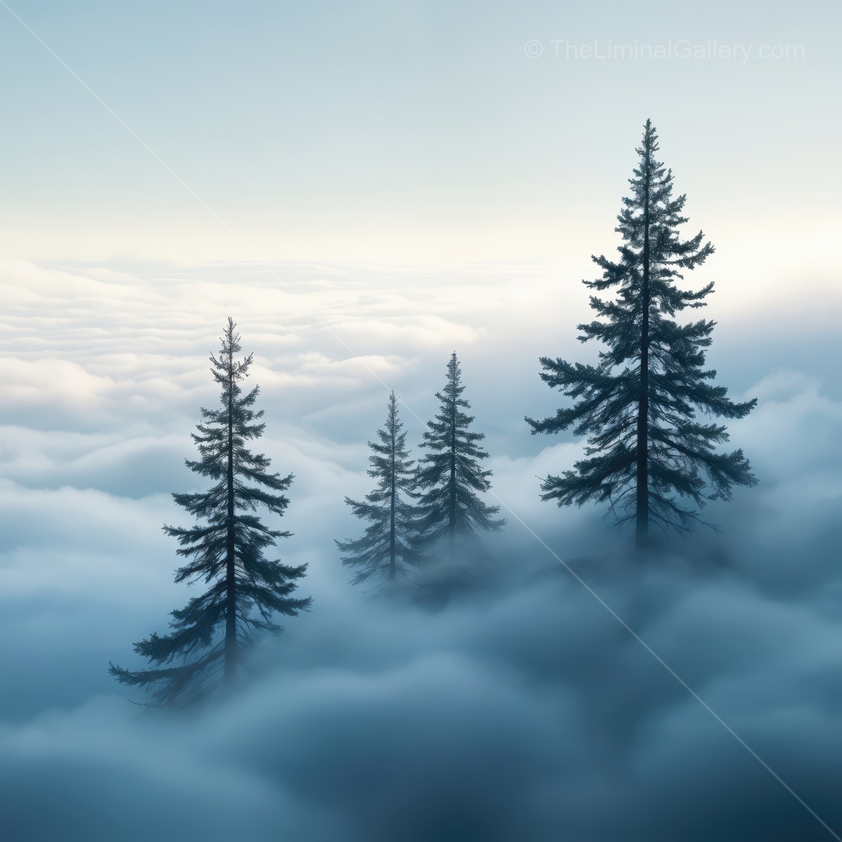 Misty trees emerge from clouds at dawn, weaving through a dreamy liminal space of serenity and wonder