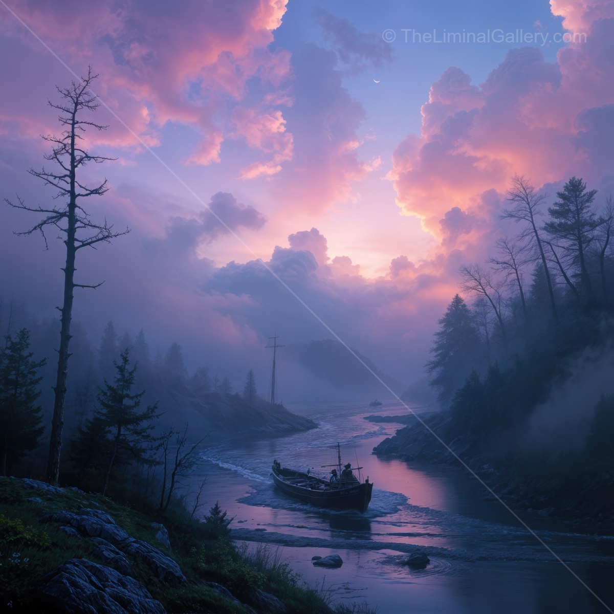 Vibrant dawn breaks over a tranquil river, as a graceful boat navigates through misty landscapes filled with towering trees and ethereal clouds