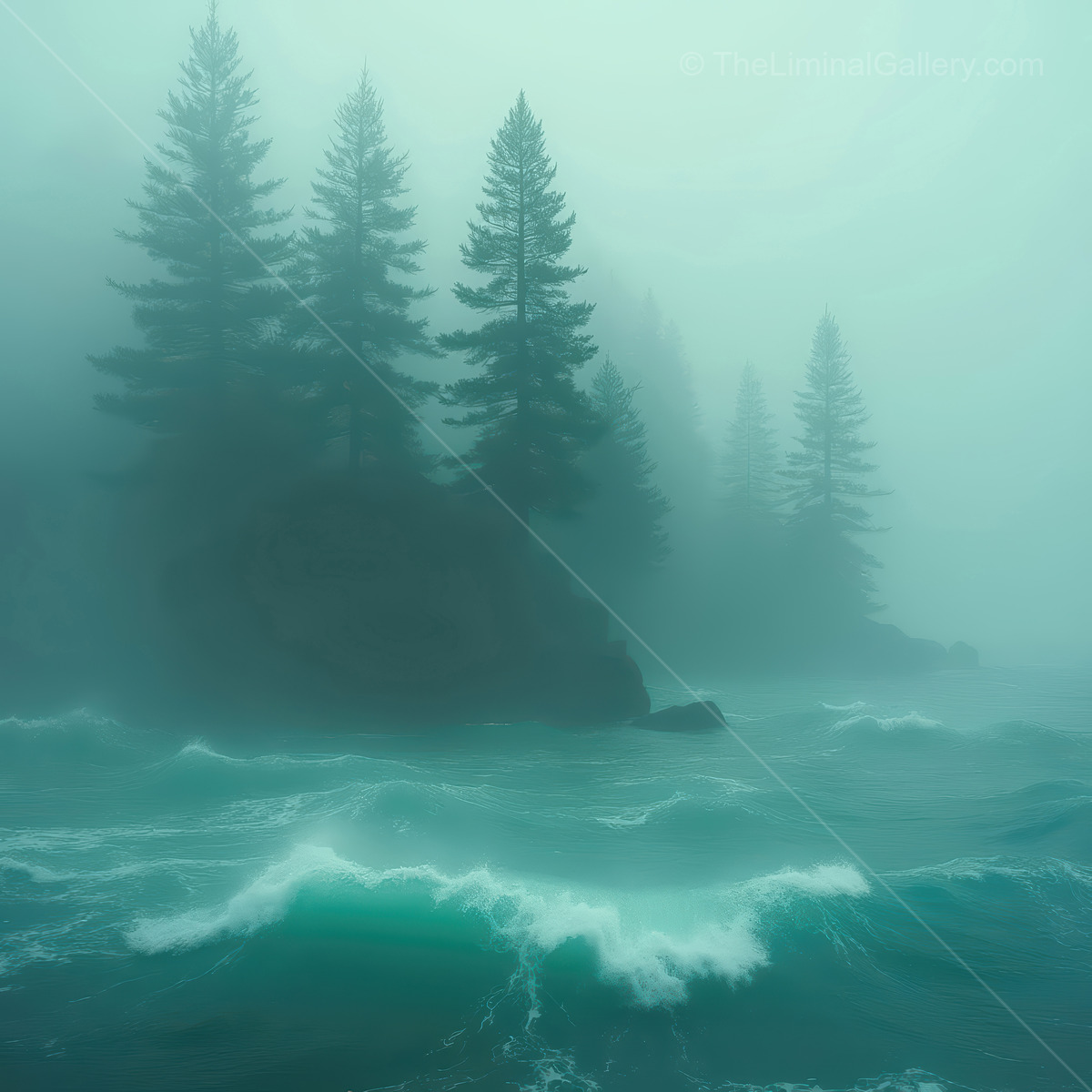 Whispers of the misty seascape dance between towering pines at dawn