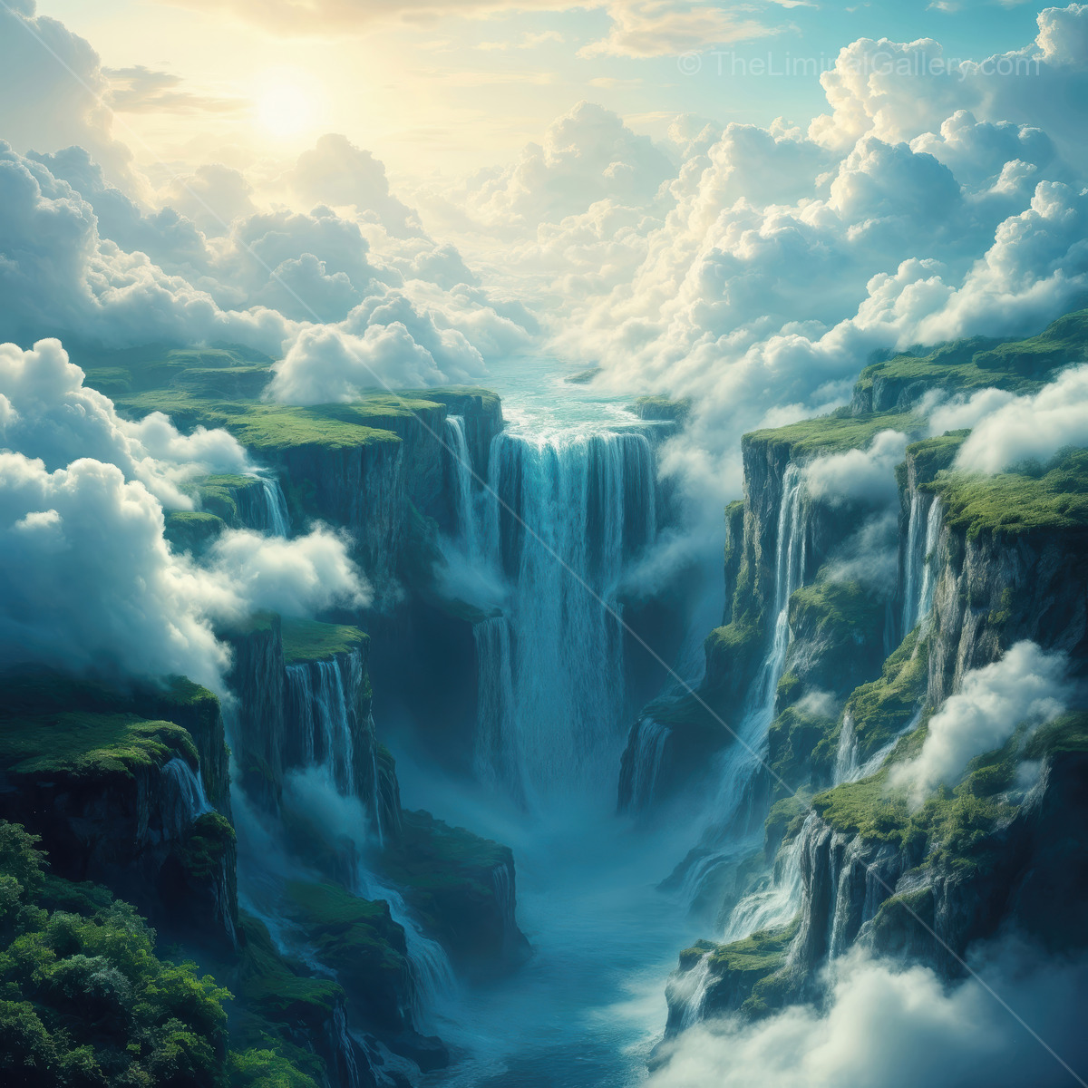 Mystical waterfalls cascade through ethereal clouds at dawn in a serene liminal landscape