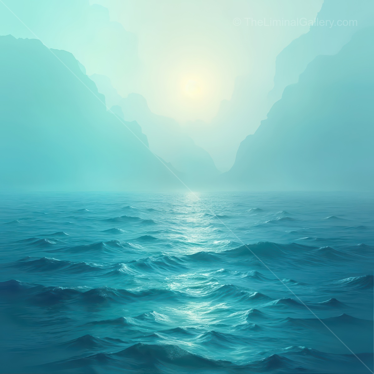 Mysterious liminal landscape at dawn reveals tranquil waters and ethereal mountains embracing the horizon