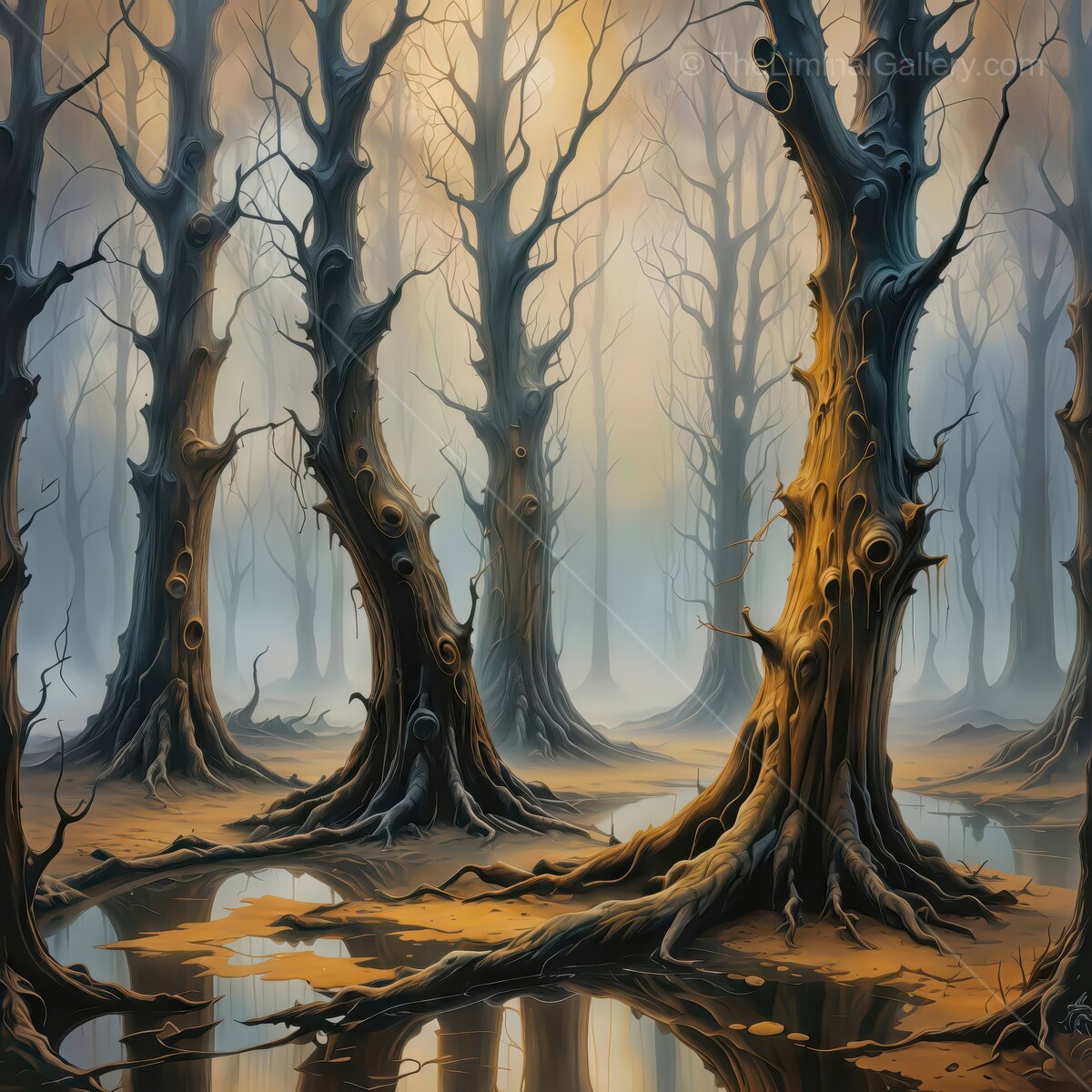 Enchanted forest reflects haunting beauty at dawn amid misty waters